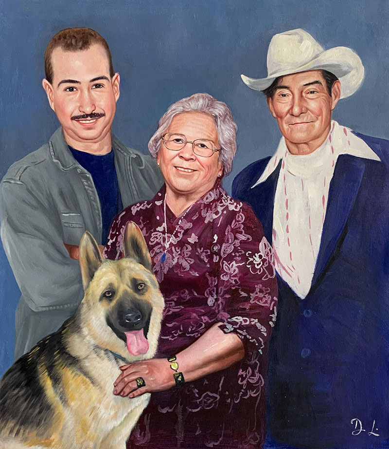 Beautiful acrylic artwork of a lady with two men and a dog