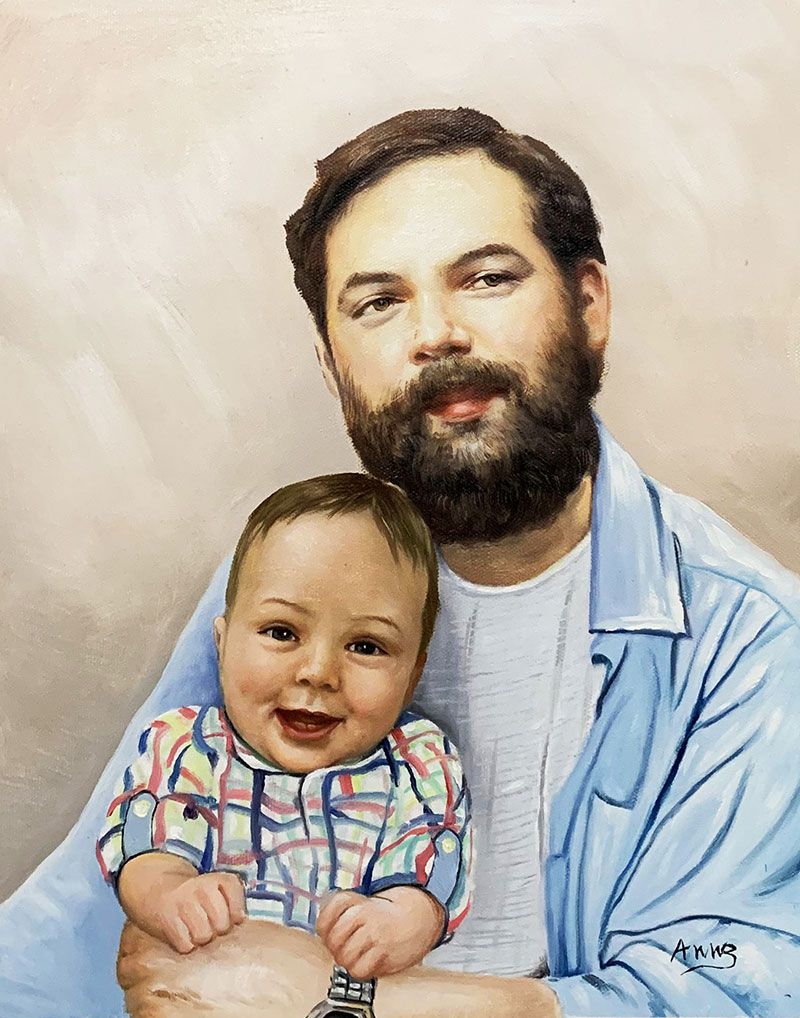 Painting of a father and baby son.