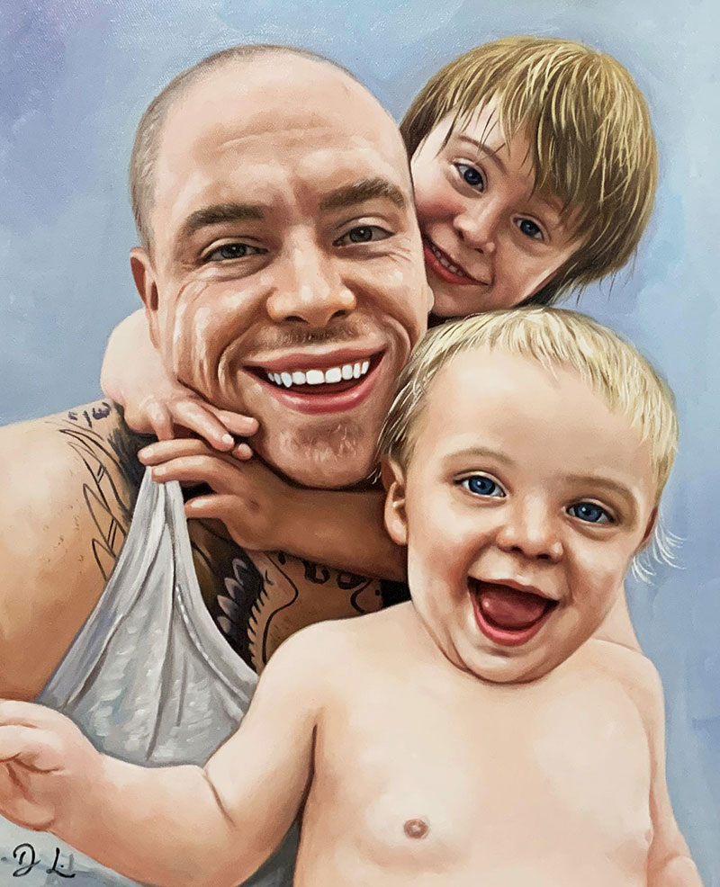 Personalized oil painting of a man with two little boys