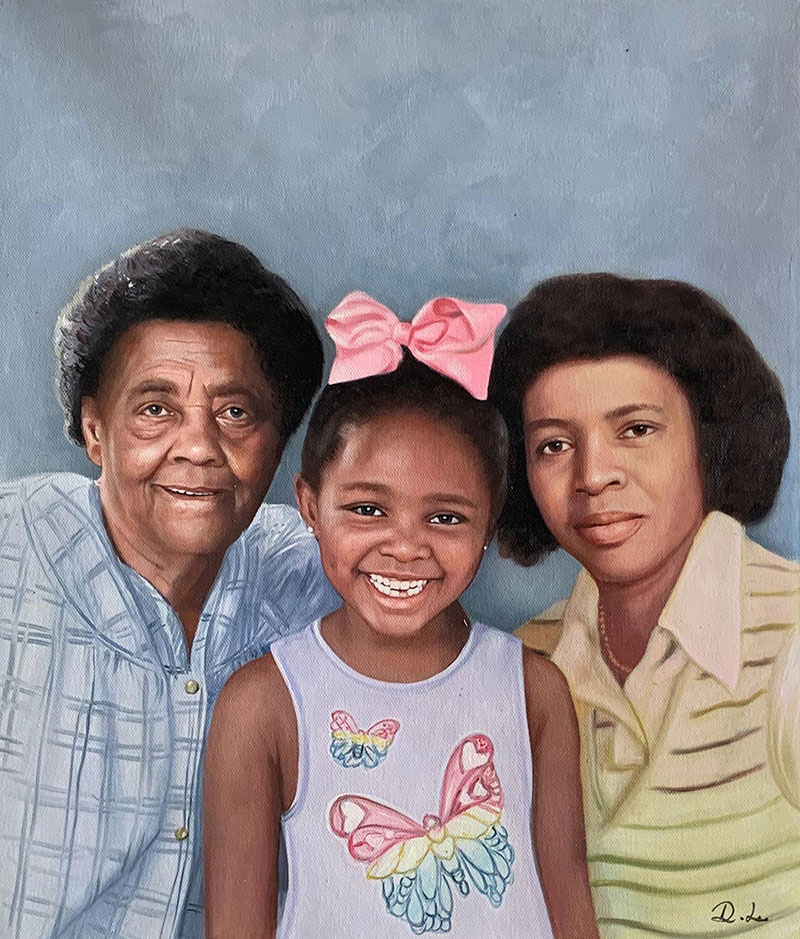 Painted portrait of three generations of Black women: a grandmother, a young girl, and a mother.