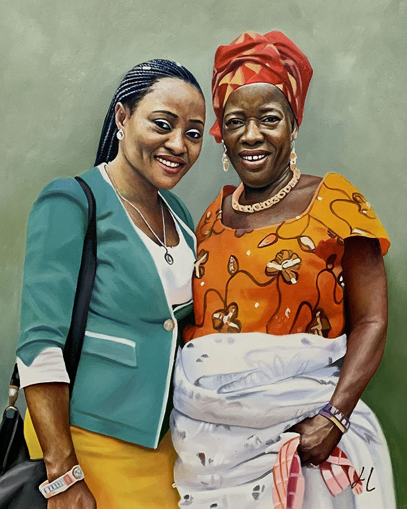 Portrait painting of two Black women, one in a teal jacket and the other in an orange dress and red headwrap.