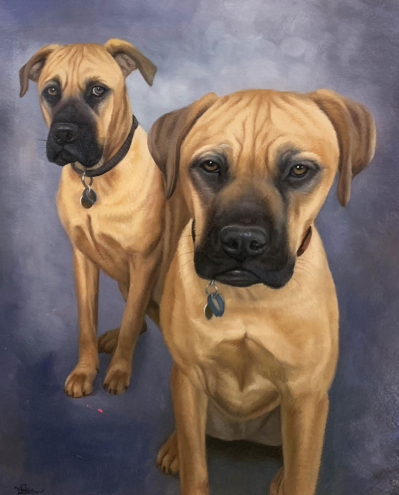 Painting of two fawn-colored dogs wearing collars and tags.