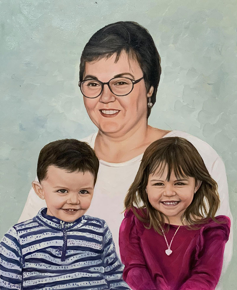 Painted portrait of a woman with two young children.