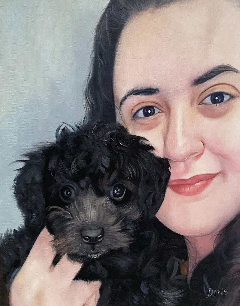 Custom oil artwork of a woman with a dog