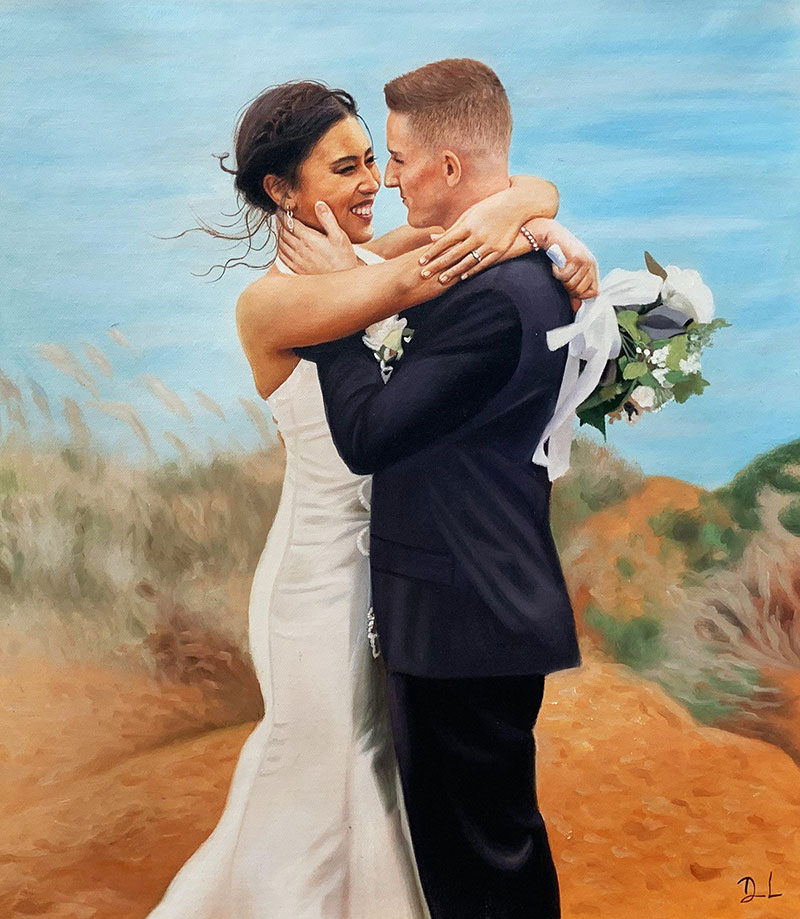 Stunning oil painting of a bride and a groom