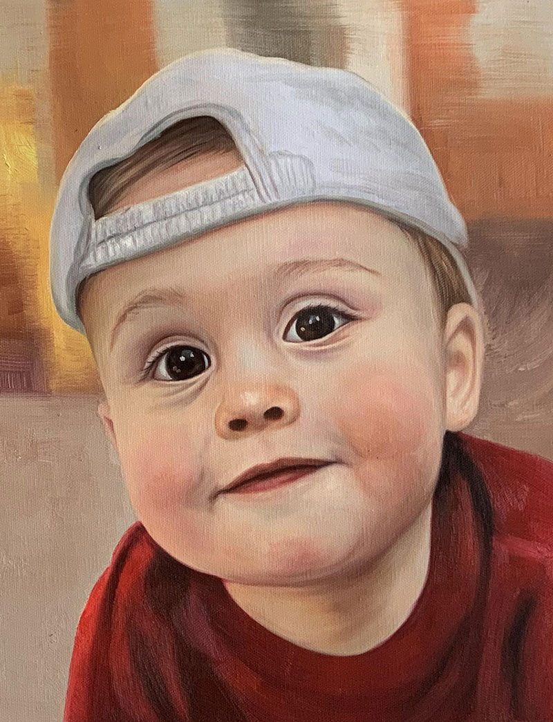 Beautiful close up oil painting of a little boy with cap