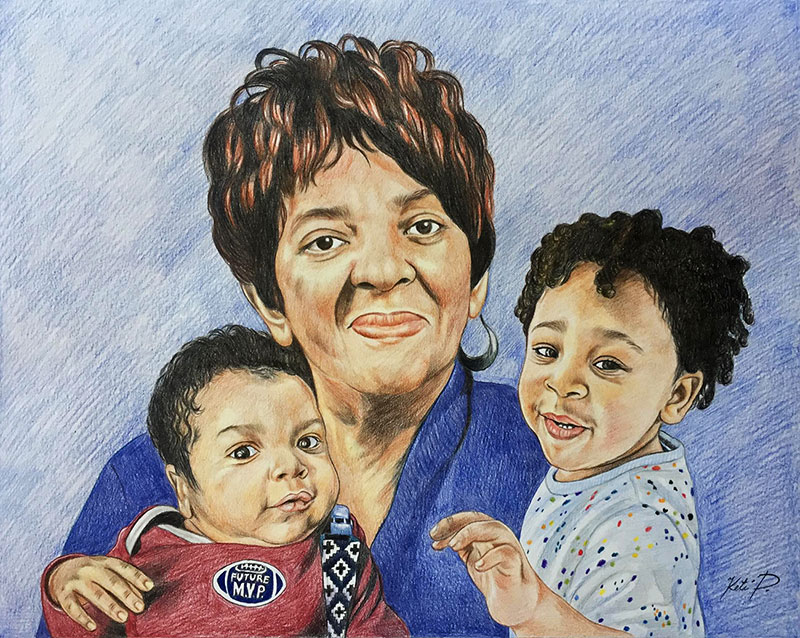 Beautiful color pencil painting of a woman with two kids