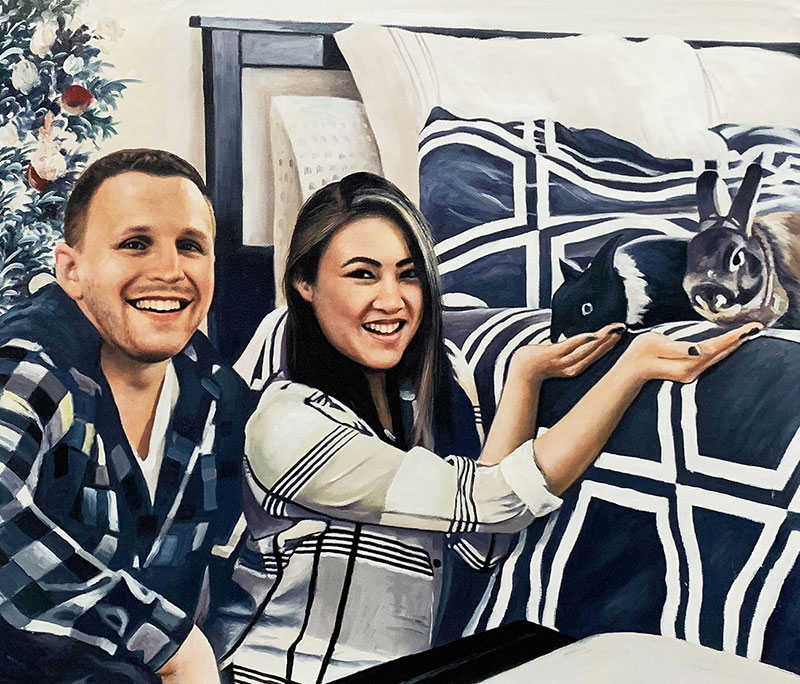 Personalized oil artwork of a couple with two rabbits