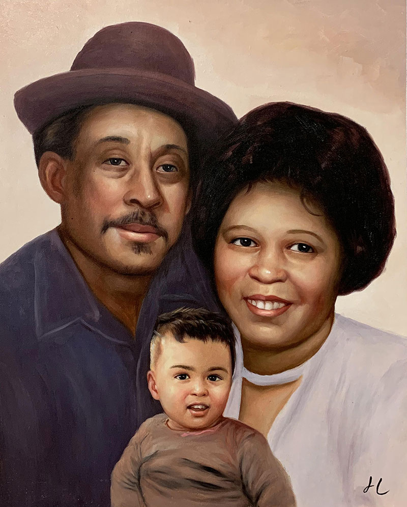 Custom handmade oil painting of a grandparents with a child
