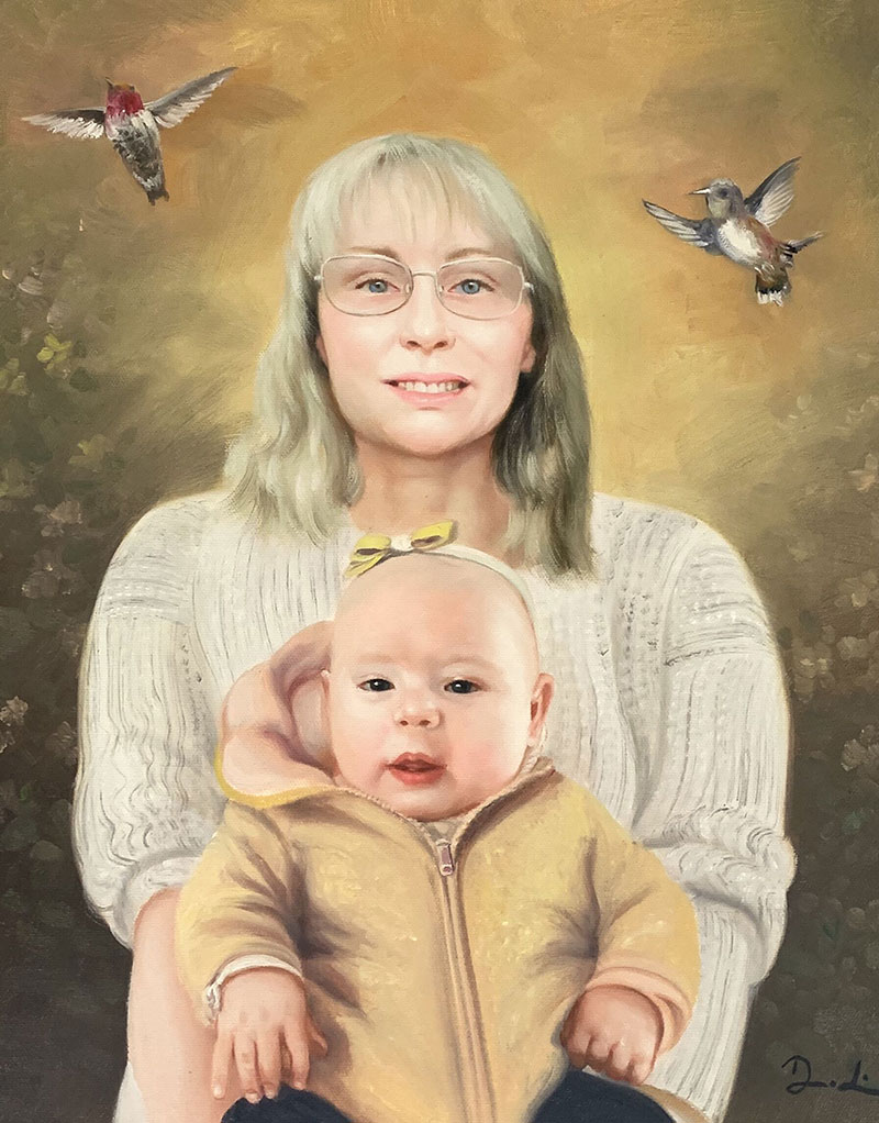 Gorgeous oil artwork of a grandmother and a grandchild
