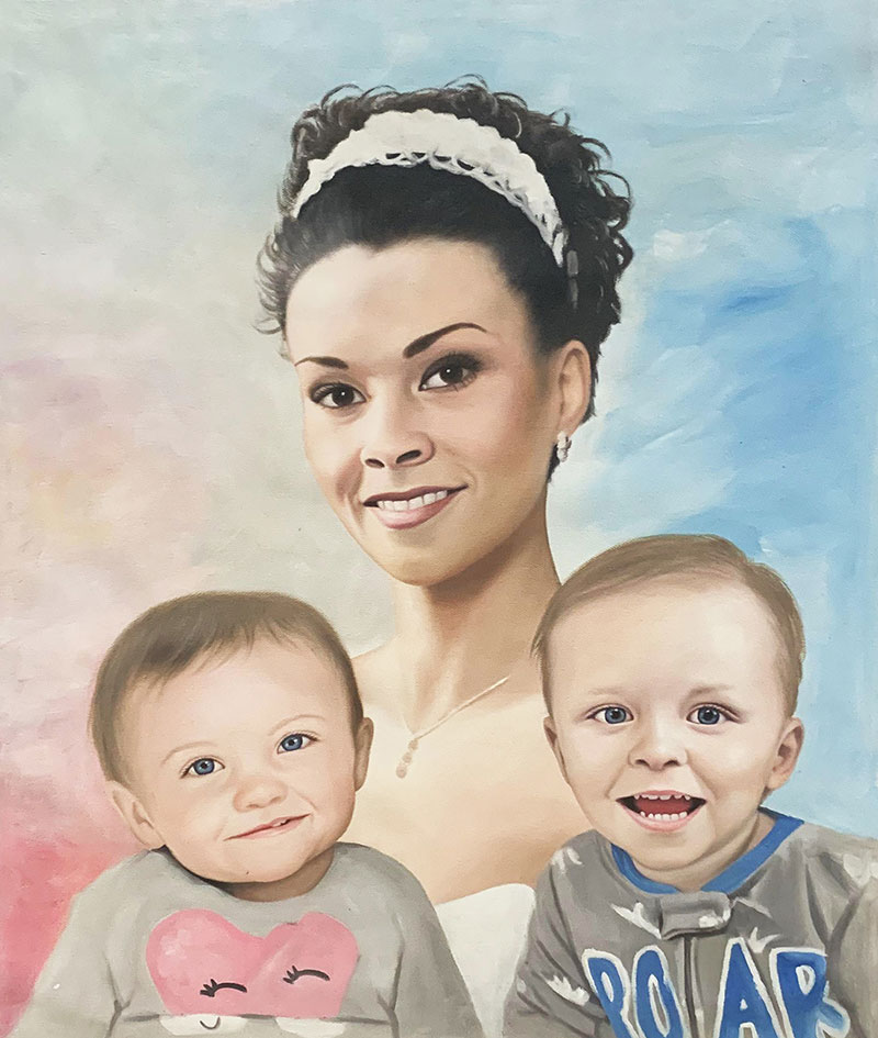 Painted portrait of a mother and her two young children.