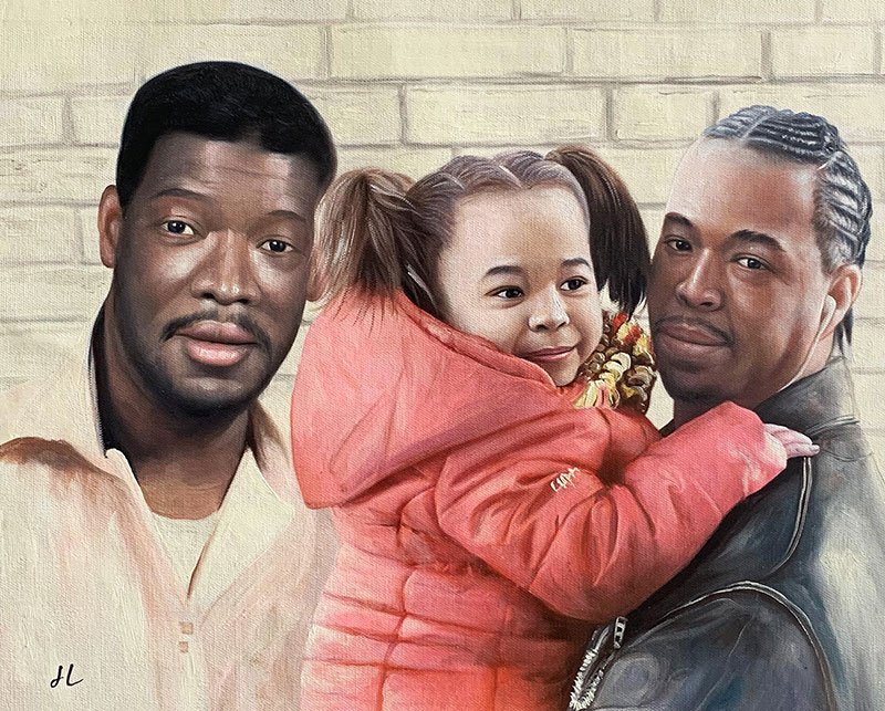 Portrait painting of two Black men and a young girl.
