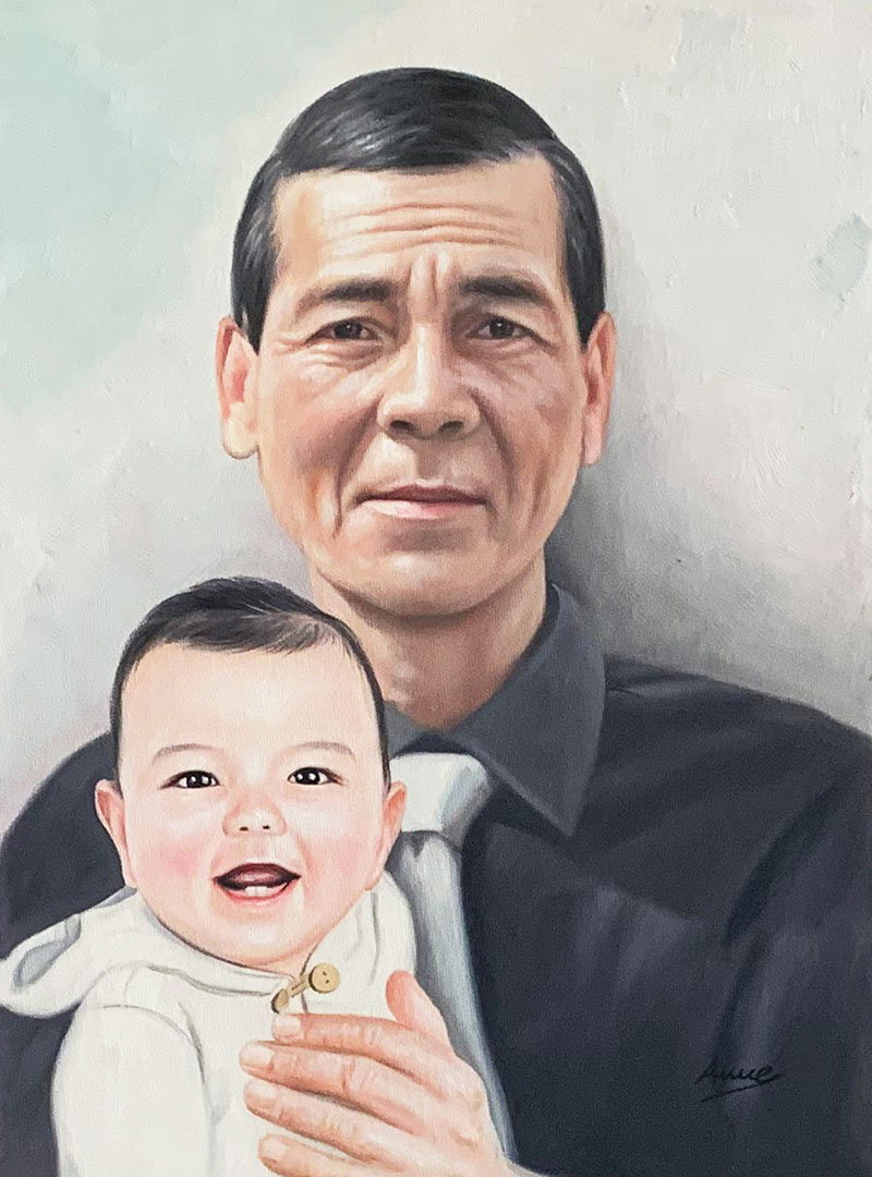 Beautiful oil painting of a man with a baby