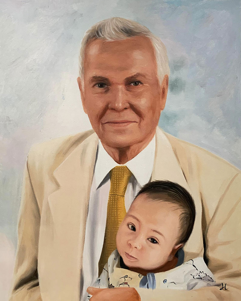 Custom oil painting of a grandfather with a grandchild