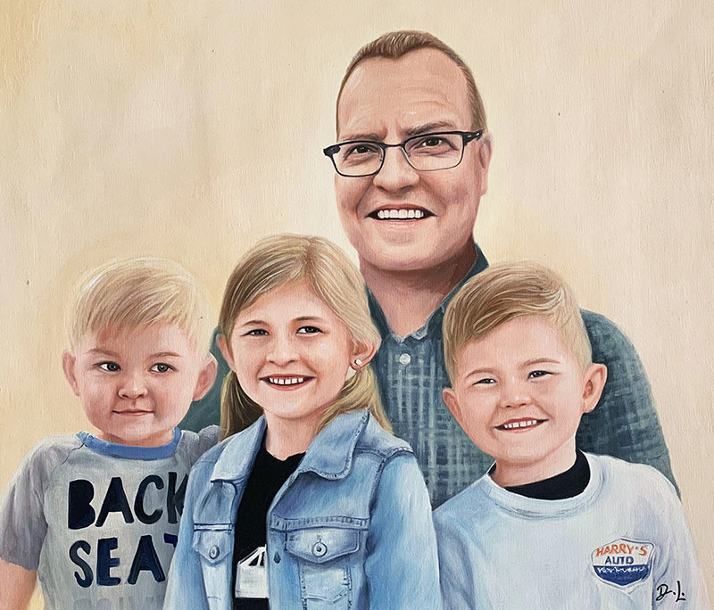 Beautiful acrylic painting of a man with three kids