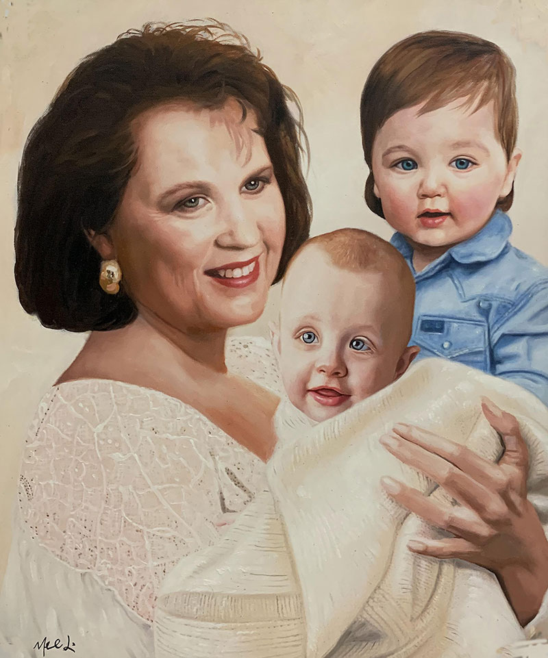 Beautiful oil artwork of a grandmother with grandkids