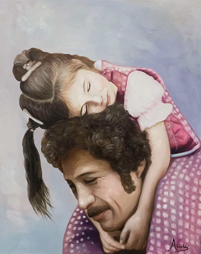 Gorgeous handmade oil artwork of a father and daughter