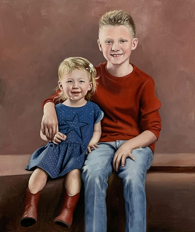 Beautiful handmade oil painting of the siblings