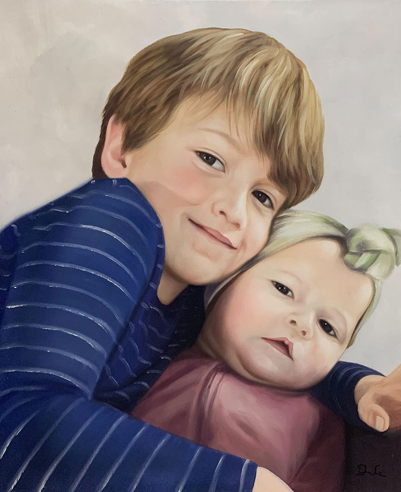 Beautiful handmade oil painting of siblings