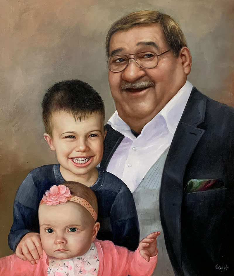 Gorgeous oil painting of a grandfather and grand kids