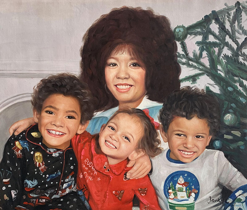 Beautiful oil painting of a lady with three kids