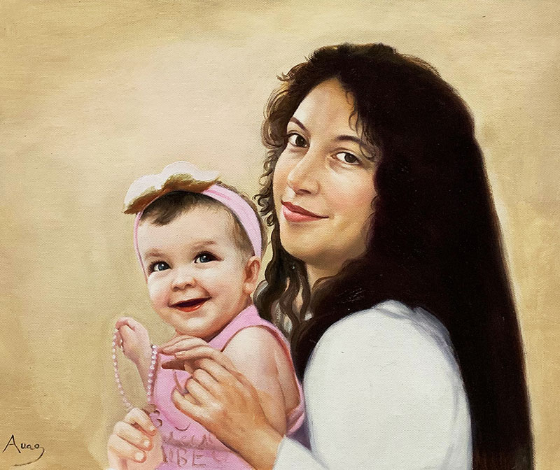 Beautiful oil portrait of a woman with a baby