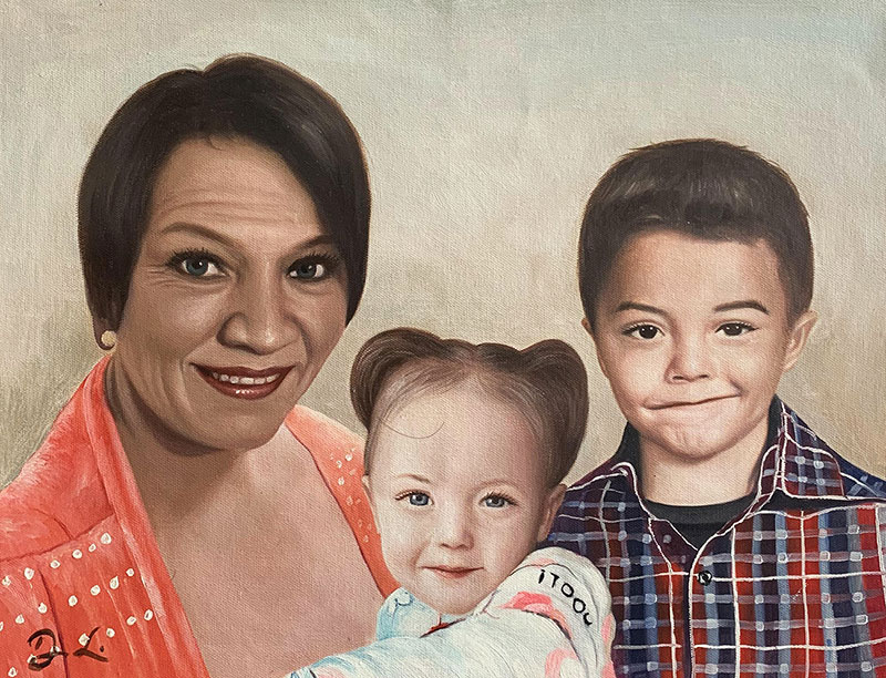 Beautiful acrylic painting of a mother and children