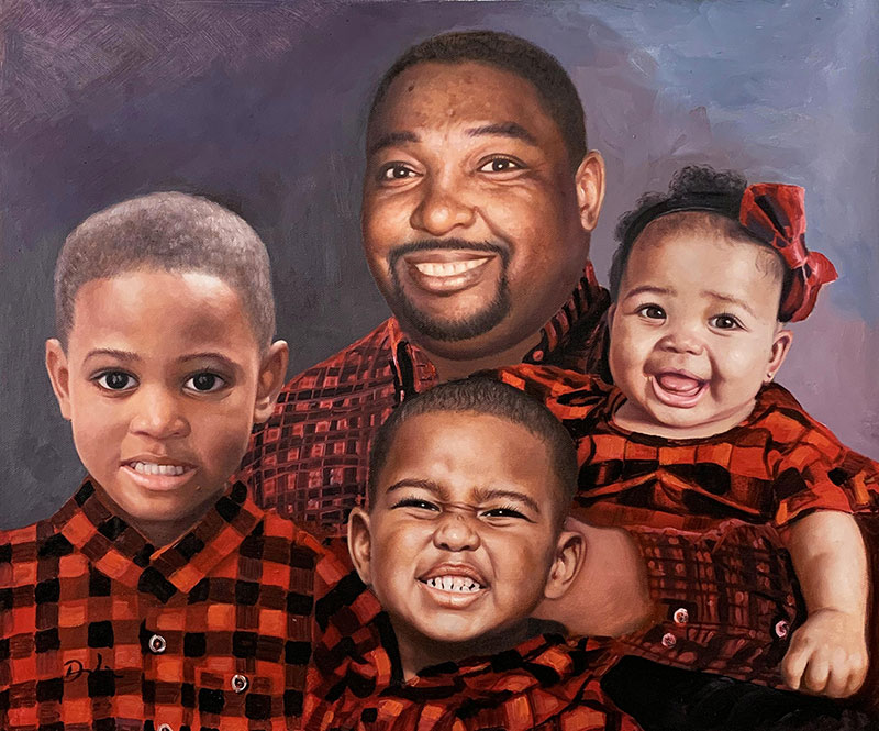 Beautiful acrylic painting of a father and children