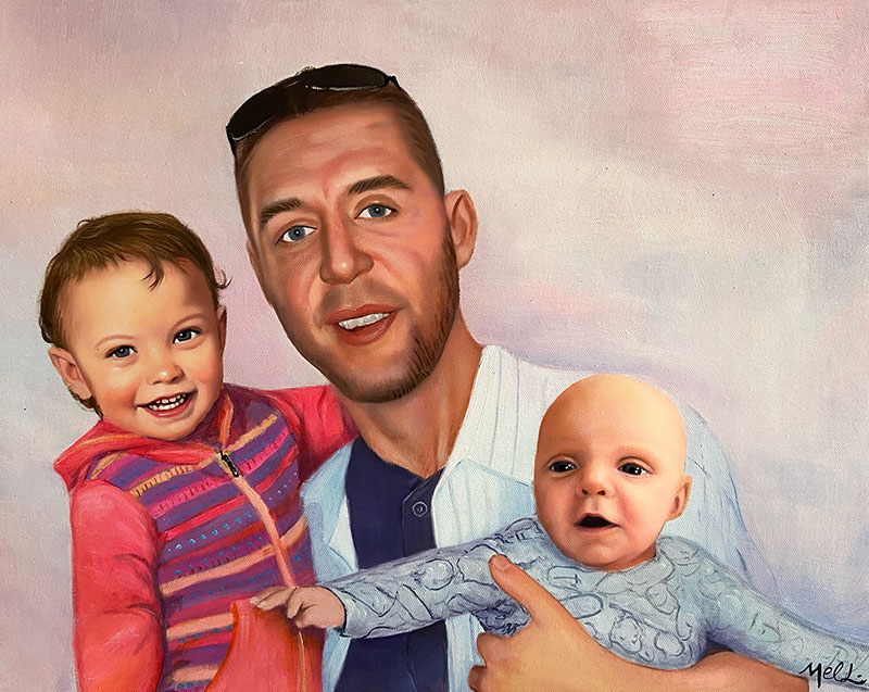 Beautiful oil painting of a man holding two kids