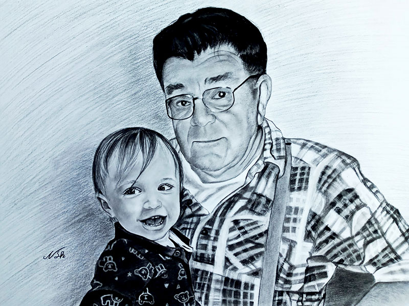 Beautiful charcoal painting of a grandfather and grand kid
