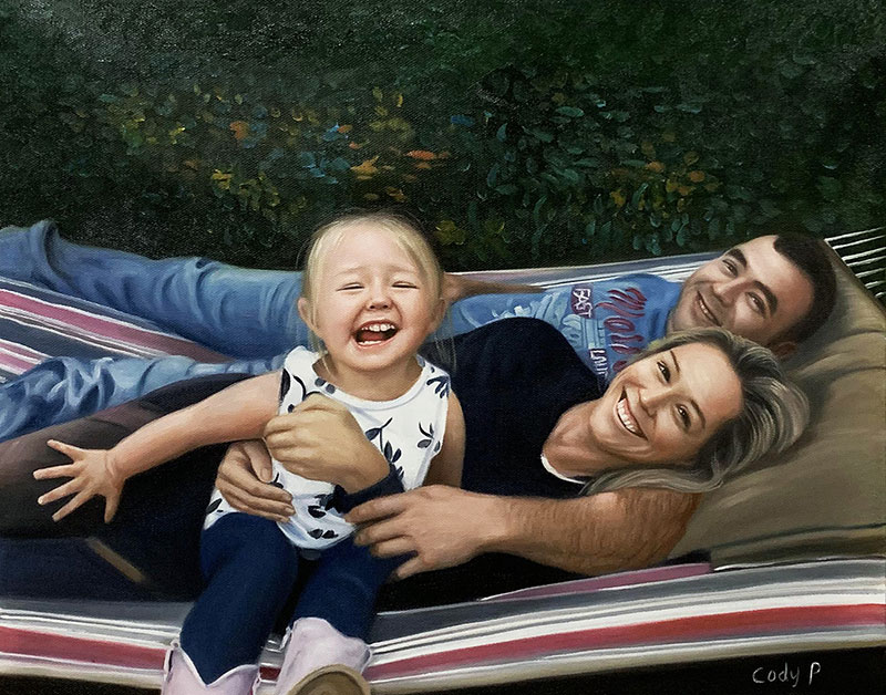 Beautiful oil artwork of a happy couple with a little girl