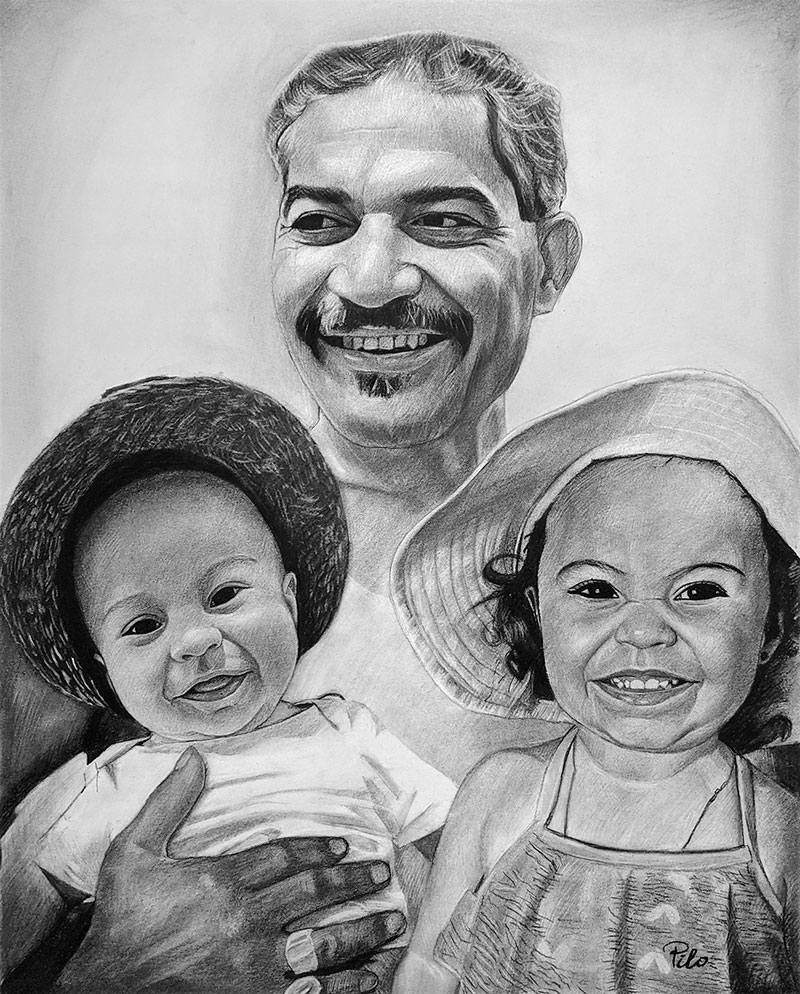 Personalized charcoal painting of a man with two kids