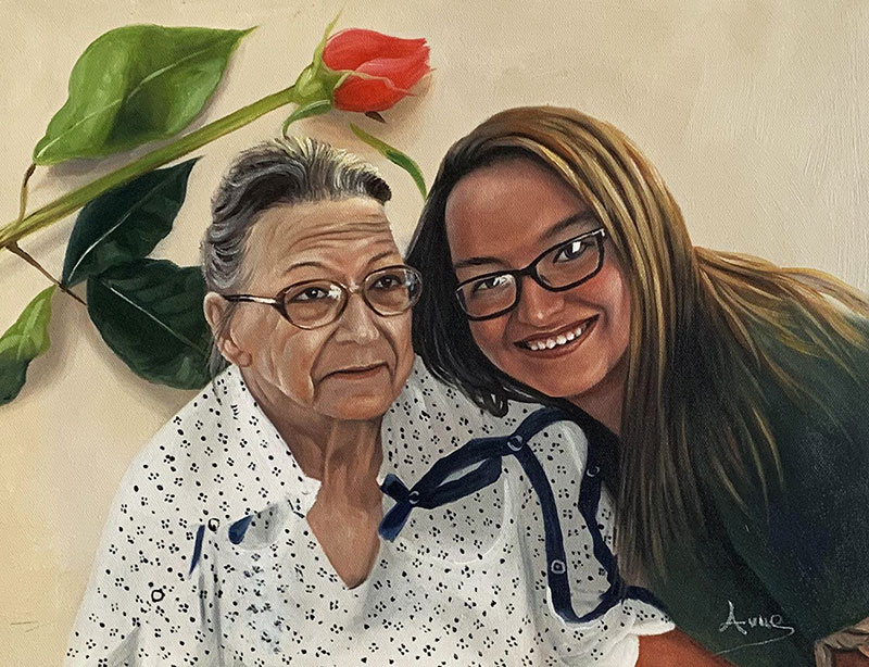 Painting of an elderly woman and a younger woman, with a red rose in the background.