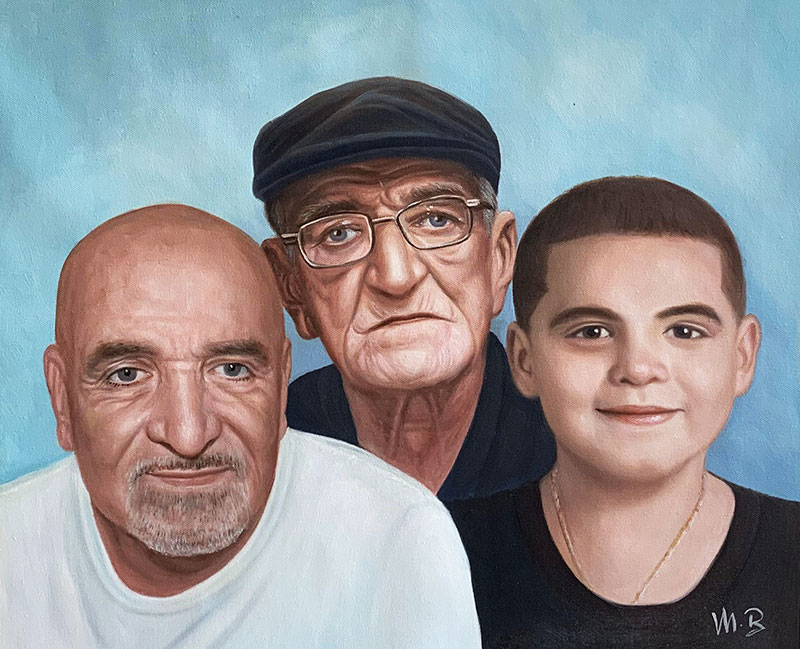 Painting of three generations of men: a young boy, his father, and his grandfather.