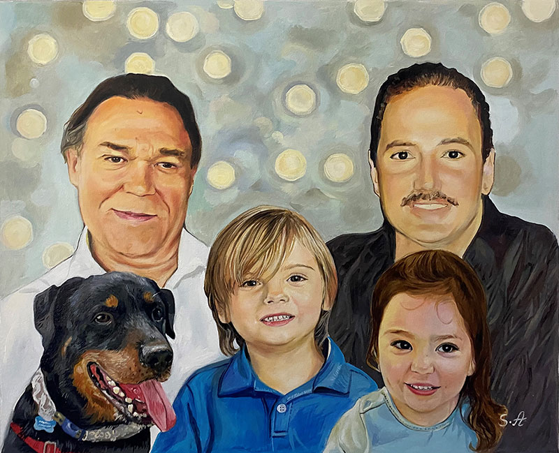 Personalized oil portrait of a family with a dog 