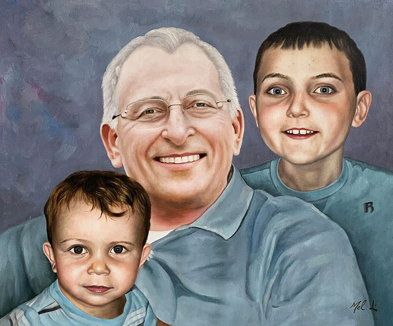Oil painting portrait of a grandfather with two grandsons.