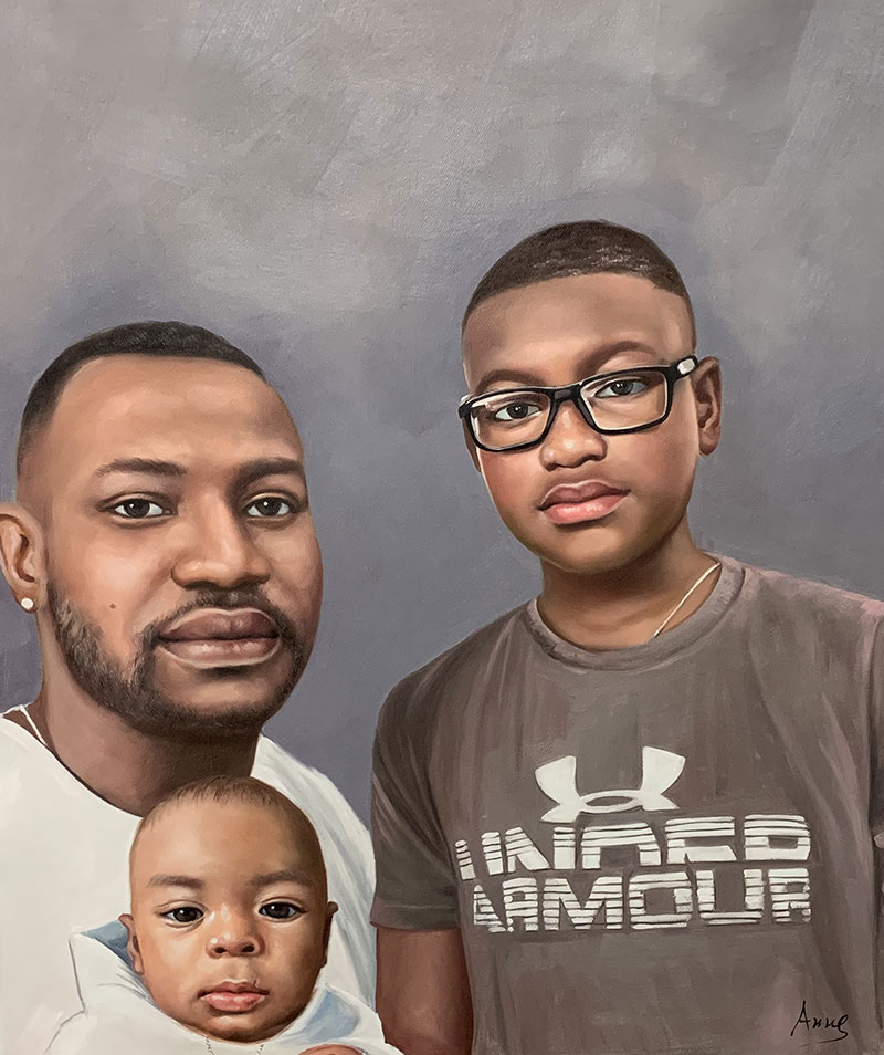 Custom handmade oil artwork of a father and children