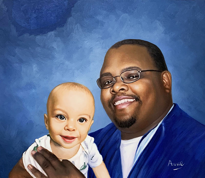 Beautiful acrylic artwork of a man with a baby