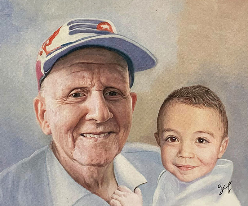 Painting of an elderly man in a baseball cap holding a toddler.