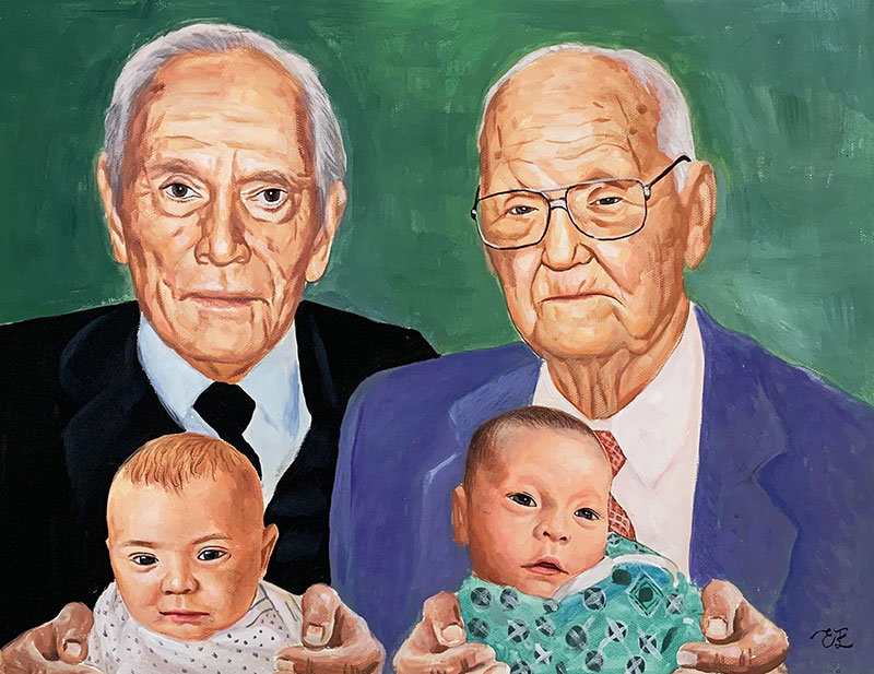 Beautiful pastel painting of grandparent with two babies