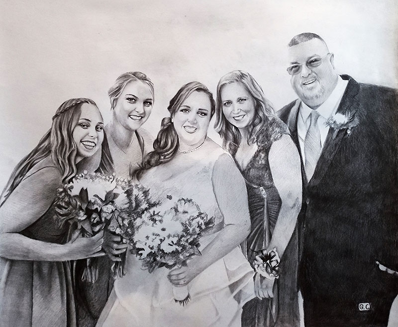 Gorgeous black pencil painting of a family