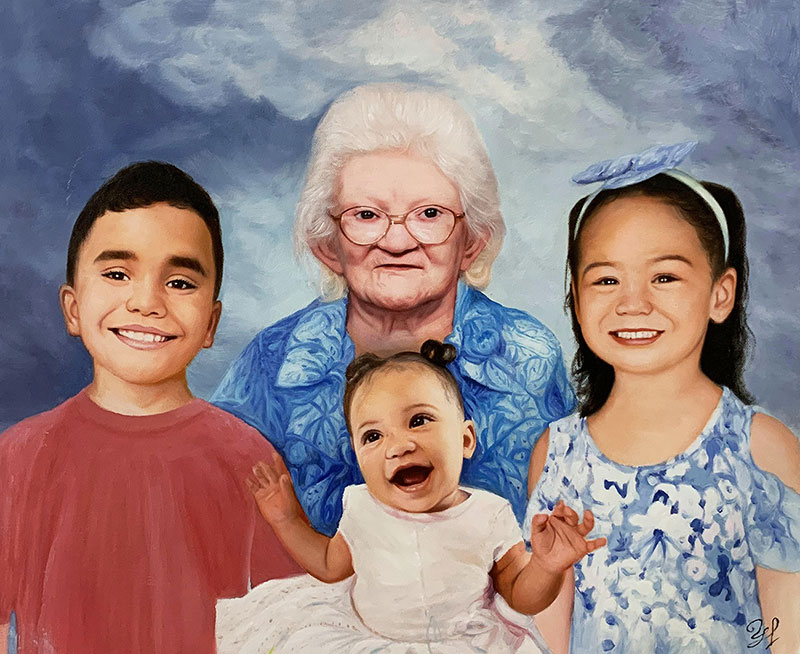 Beautiful oil painting of a grandmother with children