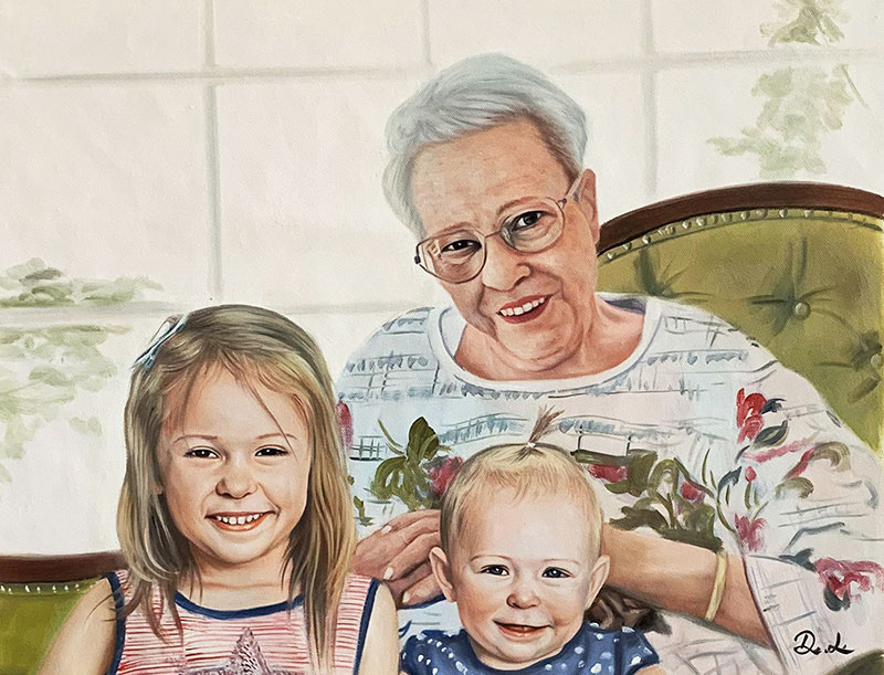 Gorgeous acrylic painting of a grandmother with two kids