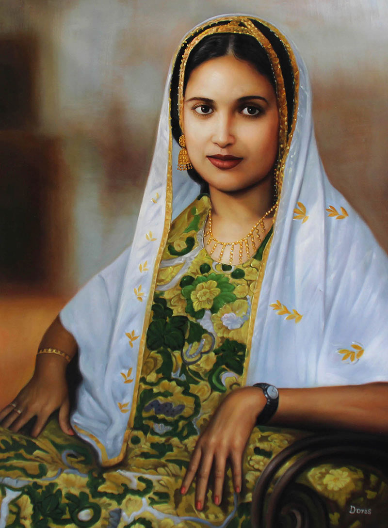 an oil painting of a beautiful lady with exotic dress