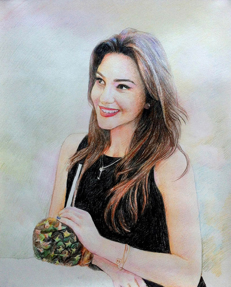 colored pencil drawing of woman drinking from pineapple