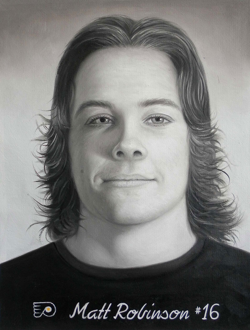 a black and white oil painting of a young man