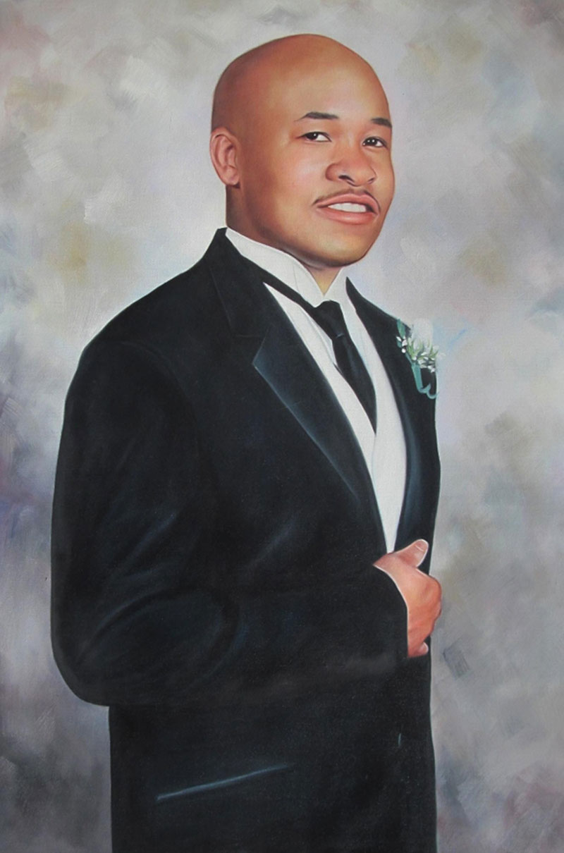 an oil painting of a bald black man in suit