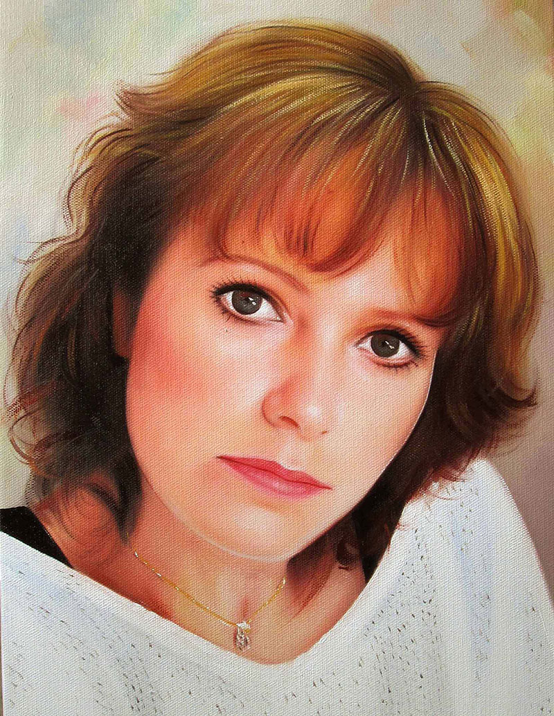 an oil painting of a woman with light brown hair