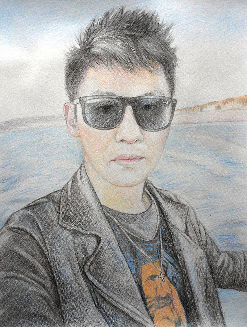 custom colored pencil portrait of Asian man out at sea