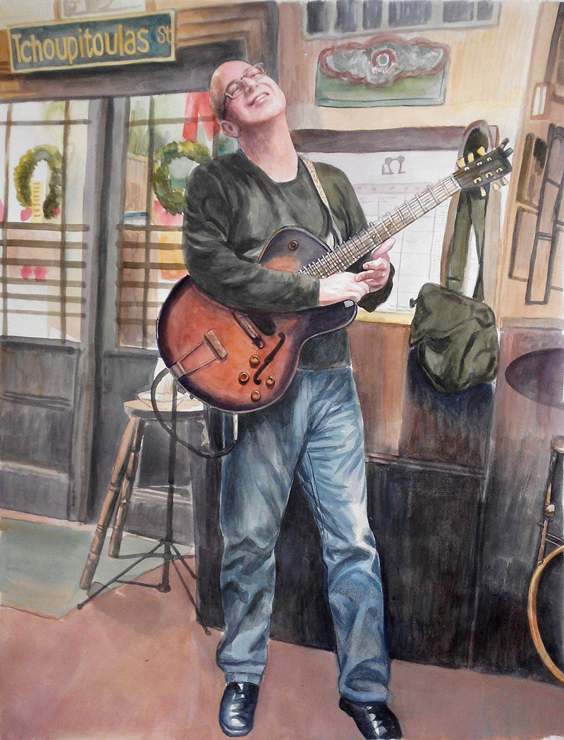 custom watercolor painting of man playing guitar